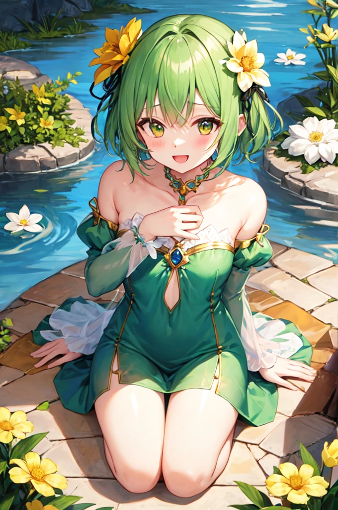 1girl, solo, beautiful girl, green skin, green eyes, big eyes, long eyelashes, green hair, short hair, shiny hair, medium breasts, green dress, strapless dress, floral print dress, green belt, purple scarf, green leggins, looking at viewer, bare arms, bare shoulders, disgust face, narrow waist, big butt, violet lips, lip gloss, perfect hands, perfect anatomy, dress pull, breast slip, nipple slip, puffy nipples, 