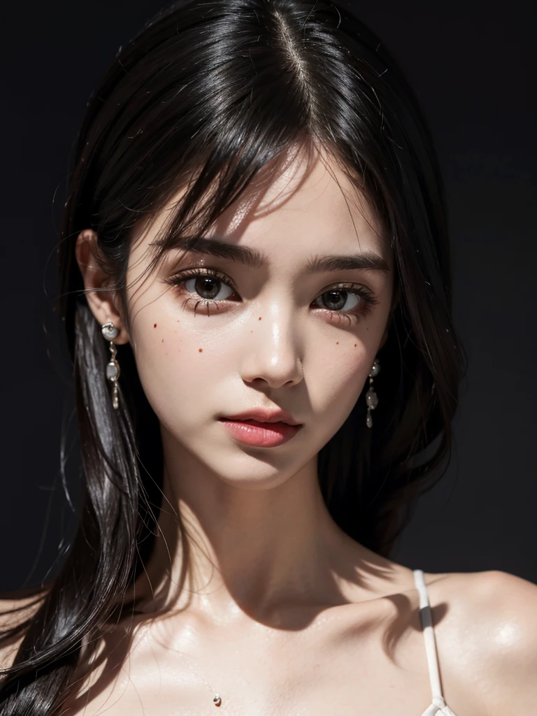 full body shot, absurdres, RAW photo, extremely delicate and beautiful, masterpiece, Best Quality, ultra high resolution, 32k, hyperrealistic, ultra-detailed, perfect figure, Perfect Style, Perfect balance, in her 20s, very small head, very small face, delicate facial features, tearful mole, earring, very huge breasts, medium hair, black hair, (dress:1.2),