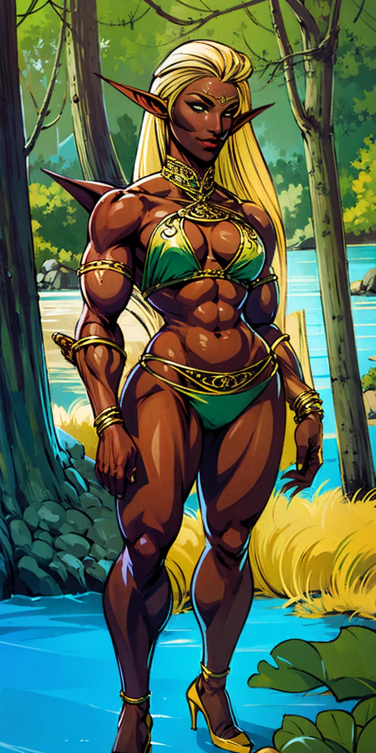 Extremely detailed Artgerm style: This sets the overall artistic style with a high level of detail. Fantasy art: This specifies the genre. Goddess of the green forest: This defines the character's role and gives context to the setting. Woman with long, elf ears: This incorporates the elf features. Black skin: This specifies the character's race. Ornate bikini armor: This combines the skimpy clothing with a fantastical, protective element. Blue high heels standing straight symmetrical: This suggests the color of the bikini and potentially the water body. Long, messy blonde hair: This adds a detail that contrasts the Artgerm style, which is typically more polished for hair.