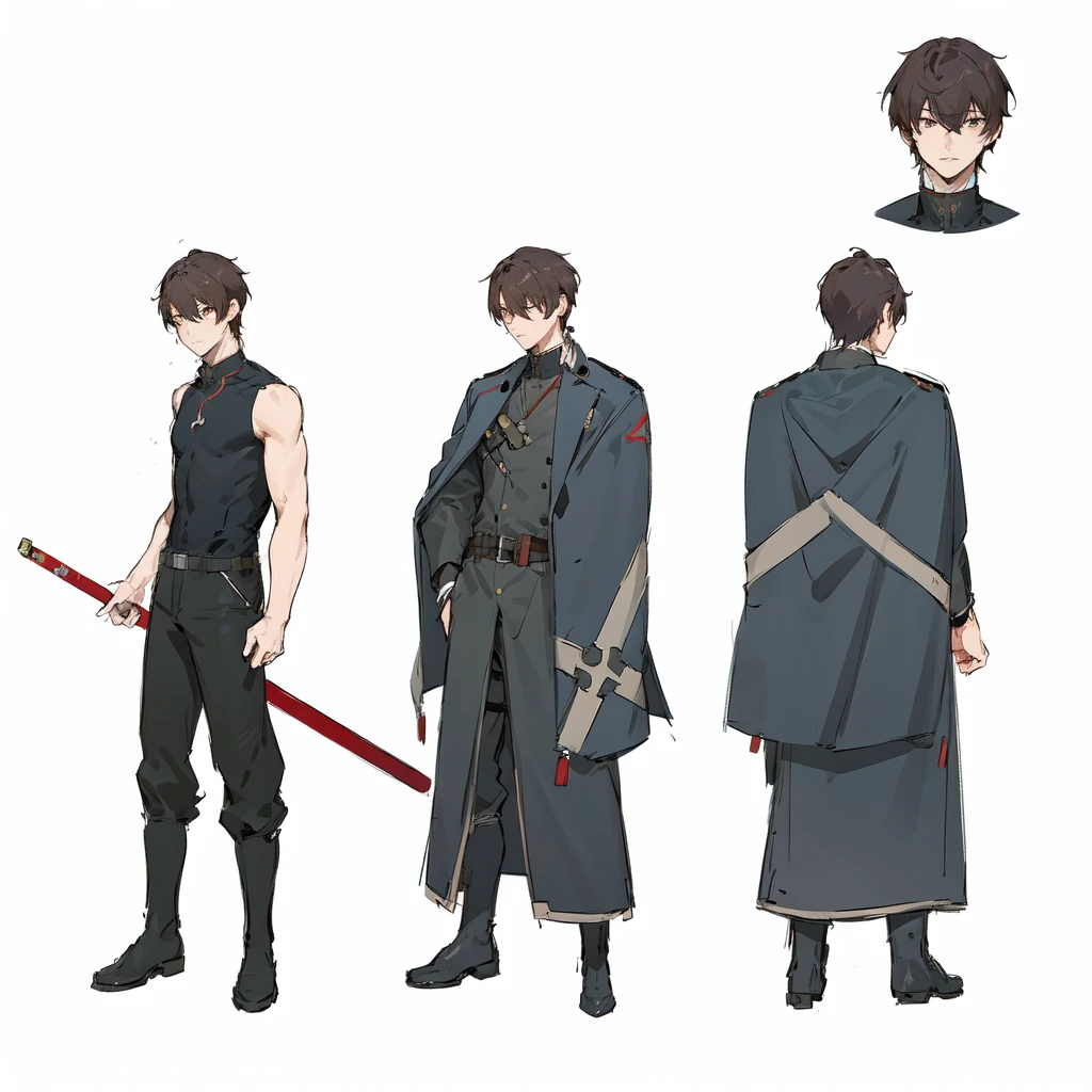 [ anime boy with brown hair and brown eyes wearing a black german military uniform ], sci fi soldier uniform, cyberpunk helmet, (((anime character sheet))), crimsom korean sword, (character design, gravity rush inspired, kantai collection style, inspired by Akihiko Yoshida, gravity rush, from girls frontline, girls frontline style, fate grand order, akihiko yoshida!, no more heroes concept art,