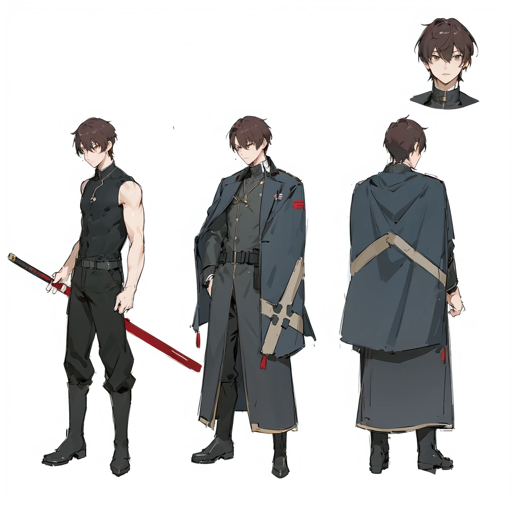 [ anime boy with brown hair and brown eyes wearing a black german military uniform ], sci fi soldier uniform, cyberpunk helmet, (((anime character sheet))), crimsom korean sword, (character design, gravity rush inspired, kantai collection style, inspired by Akihiko Yoshida, gravity rush, from girls frontline, girls frontline style, fate grand order, akihiko yoshida!, no more heroes concept art,