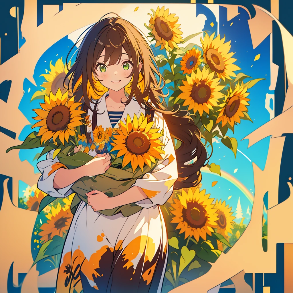 kawaii, anime, Cute, hyper quality, highly detailed, 16k, Front facing, Clarity, full body, one twenty year old woman, stain the whole thing with colorful ink, long brown hair, green eyes, paint color, countless sunflowers, surrounded by sunflowers, Trapped inside a Van Gogh painting, ephemeral, paint, paint, hold the brush, live inside the canvas, art supplies, oil, wonder, twist, rainbow colored sunflowers, Richly colored, Brightly colored sunflowers, highlight on eyes, smile, splattered ink, scribble, countless handwritings, color palette, ink splash, long hair flowing, Draw eyes clearly, art, canvas stained with ink, 	
