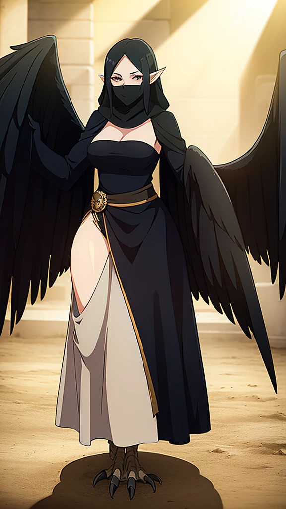 1woman,mature female,40s,sensual smile,black dress,black hair,pointy ears,harpy,wings,no arms,A veil covering the mouth,ahead,((standing in a arena of battle,sunlight))