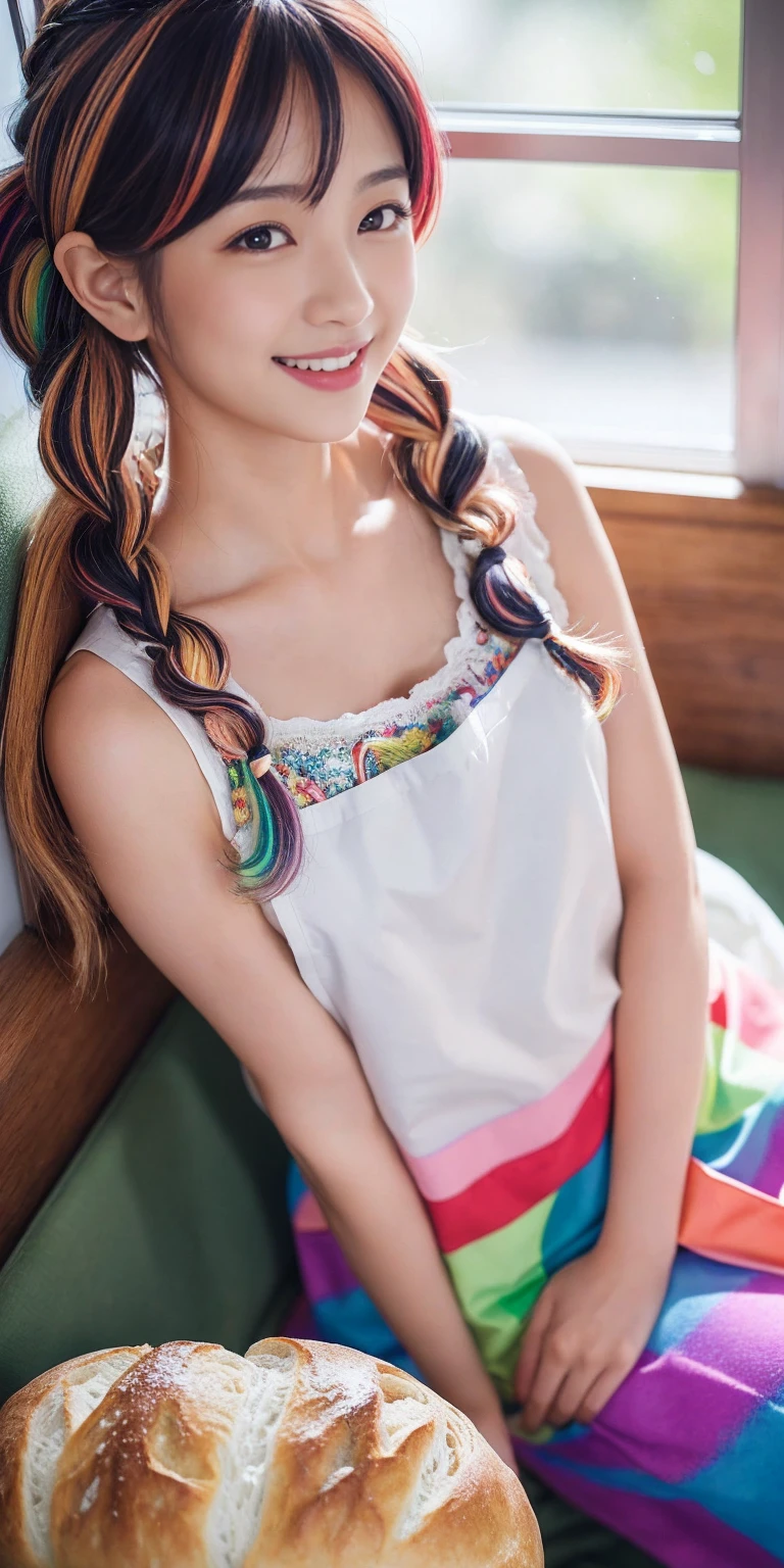 Fluid organization:1.6), 本当に野生の髪を持つ一人のbeautiful女の子, (Colorful wavy hair:1.2),( Two long braids:1.2), (Long wild hair:1.2), (Multicolored Hair: 1.9),可愛いsmile
パン屋販売スタッフ、(((Low - Angle:1.4)))、((One hand raised))、((She is wearing a colorful and pop blouse and apron.)),(;have big bread))、(((Spread your legs:1.4)))、,(((beautiful armpits:1.2)))、High resolution、Bakery、16-year-old girl、smile、Finished as in the picture、white and beautiful skin、Focus on small breasts、((beautiful５This finger))、Bakeryの制服を着ています、最high quality、High resolution、Very detailed、masterpiece、Live Shooting:2、Genuine:2、photoGenuineistic:2、very delicate and beautiful、Fine details、Textured skin、Full Shot、、(beautiful face:2)、hot pants、Putting on makeup、Perfectly balanced legs:1.5), Looking at the camera, Angle from above, (((hot pants))), High resolution、未来のBakery、Delicious bread that women will love、Looking at the camera、smile、Finished as in the picture、、(((I have a big loaf of bread)))、(((cute smile)))、((((Eat delicious bread)))))、((I love bread))、(front focus piece:1.3), 
、Cute Apron、Rainbow Apron、Bakeryの制服を着ています、明るすぎるNatural light、Shining sunlight、最high qualityのディテール, Japanese Girls,1 girl, 8K, RAW Photos, 最high quality, Ticker:1.2, Very detailedなRAWカラー写真, Professional photos, (reality, photoGenuineisticです:1.37), (Very detailedな皮膚:1.2), 超High resolutionな, (Lenz 50mm),,絶妙にFine grain,Look at the person watching,Pretty face, Just Mile:1.05),Wide Hips,Straight hair,,Light pink inner color、 white and fine skin、(Very detailedな8K cg:1.2), (hyper Genuineistic:1.35), (photoGenuineisticです:1.45), (reality:1.4), 

(背景はBakery:1.1)、Sexy upward glance, 、Very detailed、masterpiece、最high quality、Ultra-high resolution energy A、8KのHigh resolutionにより、Transparency as shown in the photo、Fine grain、Expression of gradation、Perfect anatomical figure ,hard disk、Ticker (English) 、 Nikon Z9 80mm Lens ,、明るすぎるNatural light、Shining sunlight、、Ultra slim body、Slender model figure、beautiful姿勢、, 最high quality, 8K, RAW Photos, Confused, Award-winning portraits, shy smile, shy smile, , Delicate girl,, Digital SLR, View your viewers, Frank, Sophisticated, Thin arms, Professional Lighting, Film Grain, chromatic aberration, (Fine grainと顔:1.0), Live Shooting、(((A portrait of extreme beauty)))、((Glowing Skin))、1 girl、16 year old beautiful girl from Prague、Bright expression、((Platinum Blonde Hair))、[Big blue eyes that sparkle like jewels]、Shiny skin、silky super long Straight hair、eyeliner、beautiful前髪、Hair around the eyes、最high quality、Very detailed、Film Light、Intricate details、High resolution、Very detailed))、Detailed Background、8KUHD、Digital SLR、Soft Light、high quality、Film Grain、Fujifilm XT3 、Shallow depth of field、Natural light、(((Spread your legs:1.4)))、Pieces fly、High resolution、Bakery、16-year-old girl、smile、Finished as in the picture、white and beautiful skin、Focus on small breasts、最high quality、High resolution、Very detailed、masterpiece、Live Shooting:2、、neon hair clip,masterpiece、最high quality、
One girl,Ives Girl,beautiful照明,(((Anyone can see the D logo.:9)))