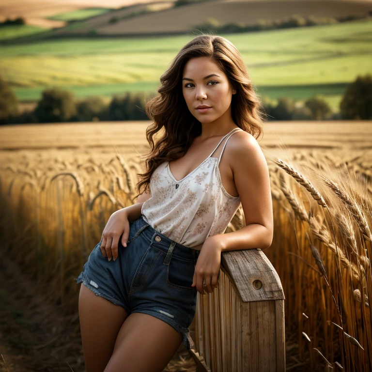 Retro Cam. Mary Ingalls, wheat field, farm girl, pin-up, vintage, 22 years old, perfect body, 40's, perspective, half body detail, sharp focus, light mix, detail, 50's, (high skin detail: 1,2), 8k hd, Wallpaper, DSLR, Luz outfit, high quality, Fujifilm XT3 Grainy Films.