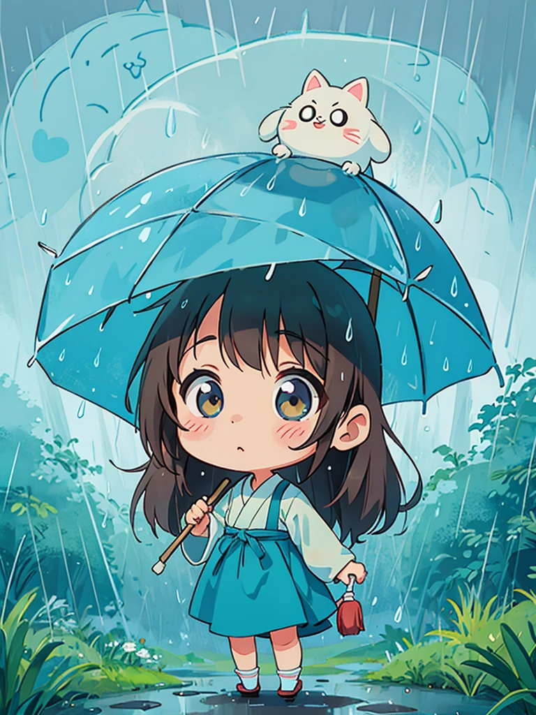 hayao miyazaki style, Kawaii Design, The most beautiful girl of all time、Chibi, (((rain)))