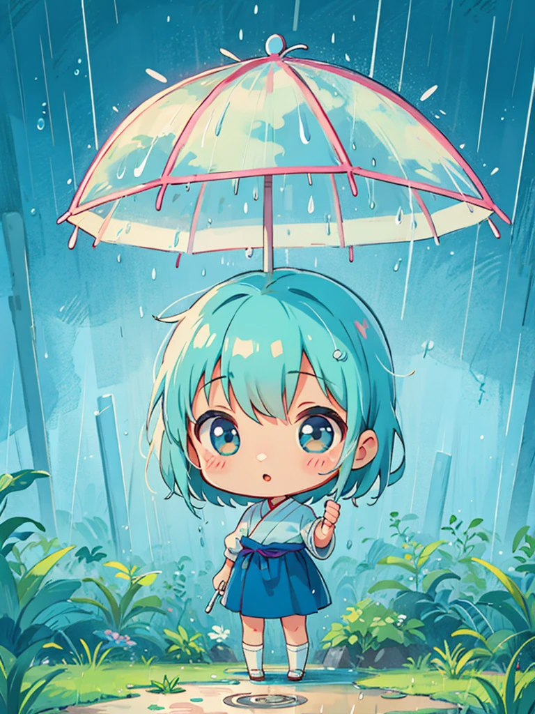 hayao miyazaki style, Kawaii Design, The most beautiful girl of all time、Chibi, (((rain)))