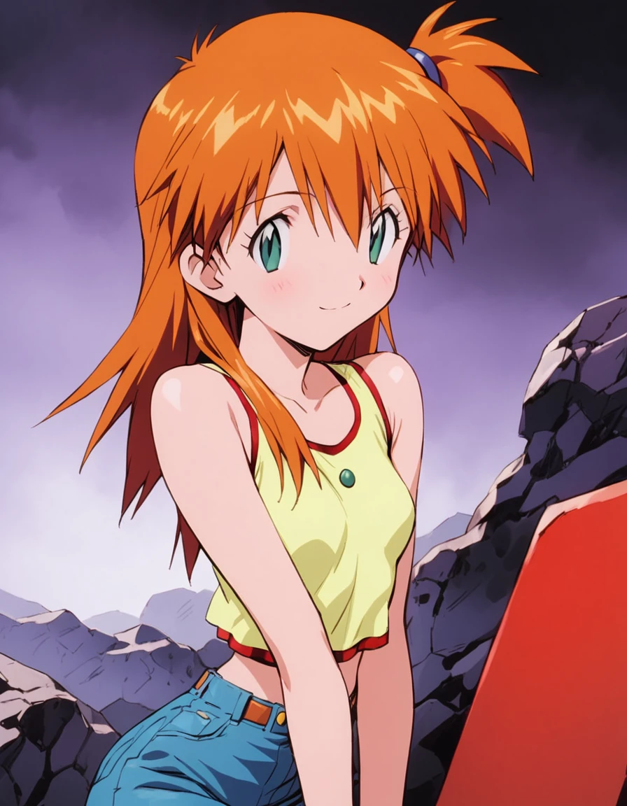 ((masterpiece,High resolution,Highest quality,8K,Detailed faces and anatomy)) (Misty_Pokemon)(Only one 18-year-old woman) (Berry Short,Orange Hair,one side up hair,Big green eyes,Small breasts,Skinny) (Yellow sleeveless T-shirt,Belly button exposed,Denim hot pants,Red suspenders) smile,Close one eye