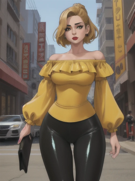 (best quality:1.3), (4K quality),masterpiece, best quality, high res, detailed, (Detailed face:1.2), (Detailed eyes:1.2), (Hourglass figure:1.2), 1girl, solo, 36-years-old, tan olive skin, short blonde hair, pony tail style, emerald eyes, eyeshadow, mascara, red lipstick, medium breasts, ((Wearing a yellow off-shoulder top, shiny black leggings)), standing outside on Los Angeles streets, people in the surroundings, busy atmosphere, cinematic lighting, detailed background,