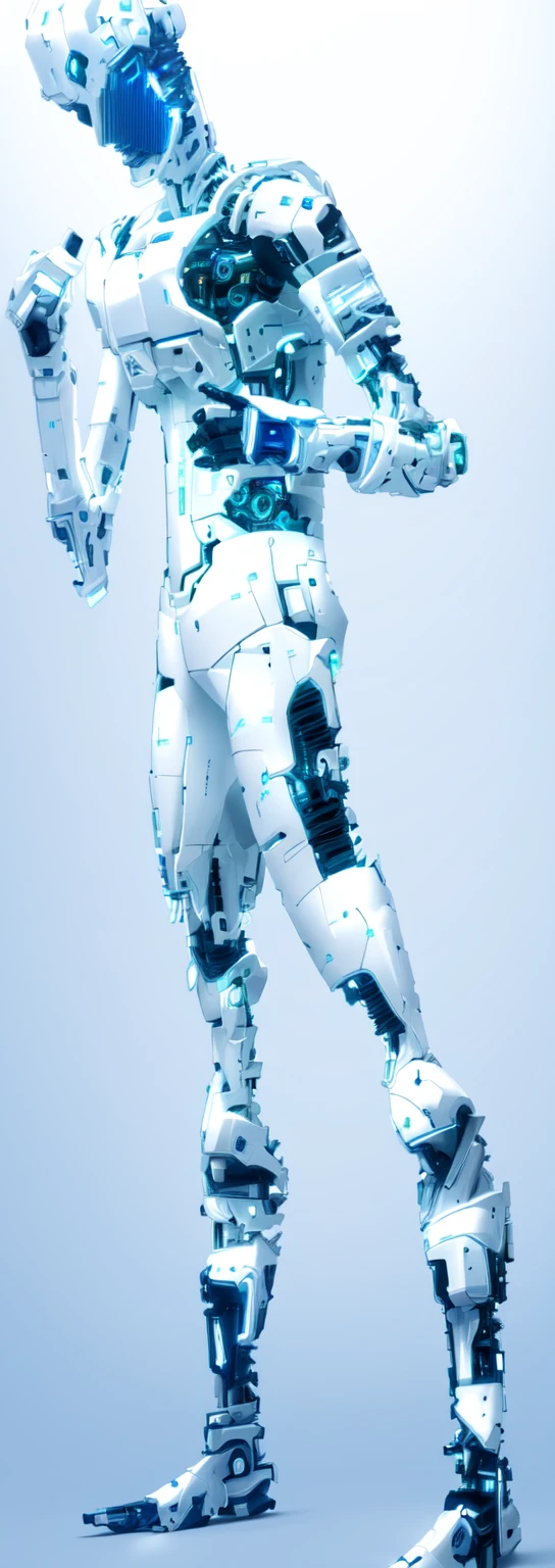 master piece, 8k detail, android, cyborg in disrepair, white android with interlocking thin parts and glowing LED lights, small dark computer components can be seen inside, Android is white, NO BACKGROUND. no backdrop. background is white with no shadows.
