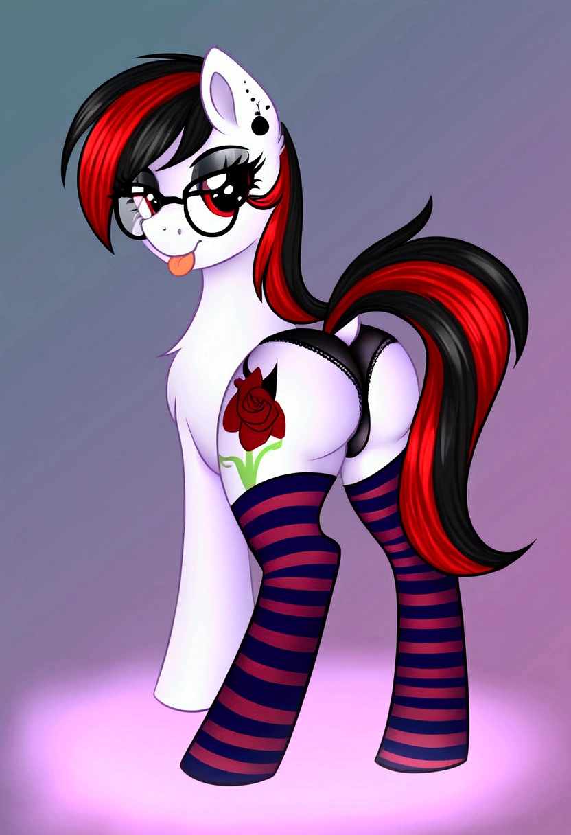 radiant lighting, vibrant colors, whimsical atmosphere, 8K, high resolution, highly detailed, masterpiece, (((my little pony))), four stockings, (red hair, white body, red eyes) cute face, tongue out, striped stockings, standing on four hooves, cool glasses, showing butt, ((a lot of tattoo on body:1.3)), goth style, ((sexy panties))