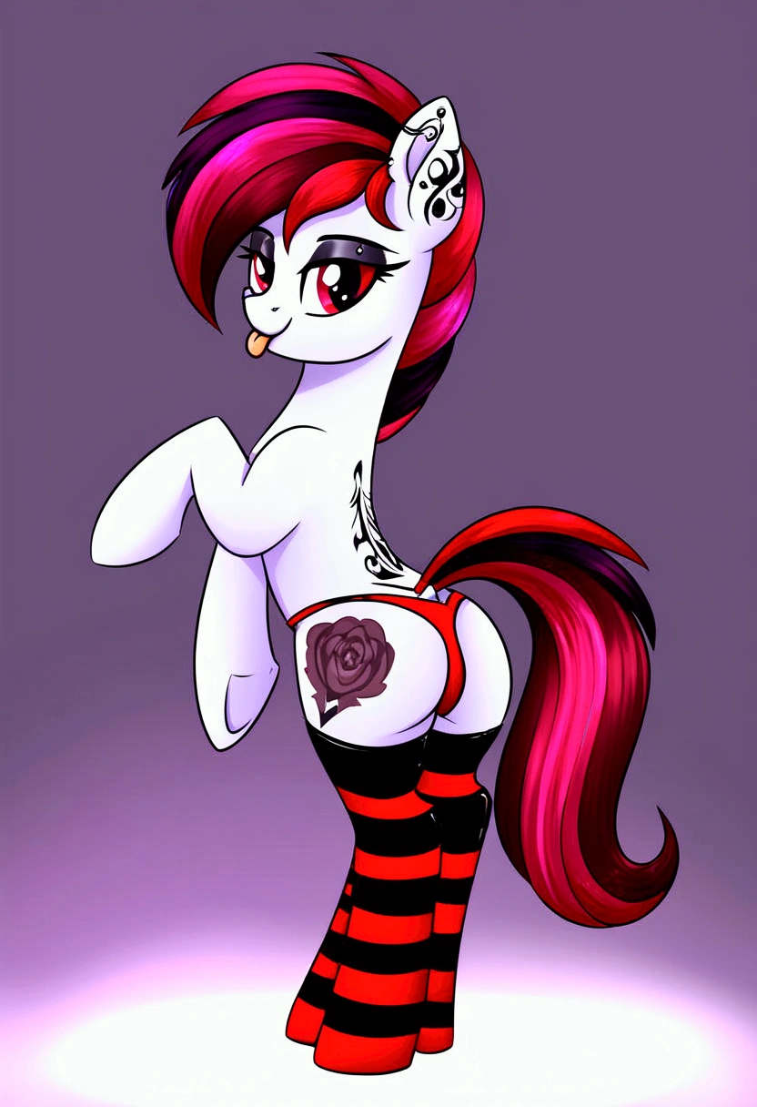 radiant lighting, vibrant colors, whimsical atmosphere, 8K, high resolution, highly detailed, masterpiece, (((my little pony))), four stockings, (red hair, white body, red eyes) cute face, tongue out, striped stockings, standing on four hooves, cool glasses, showing butt, ((a lot of tattoo on body:1.3)), goth style, ((sexy panties))