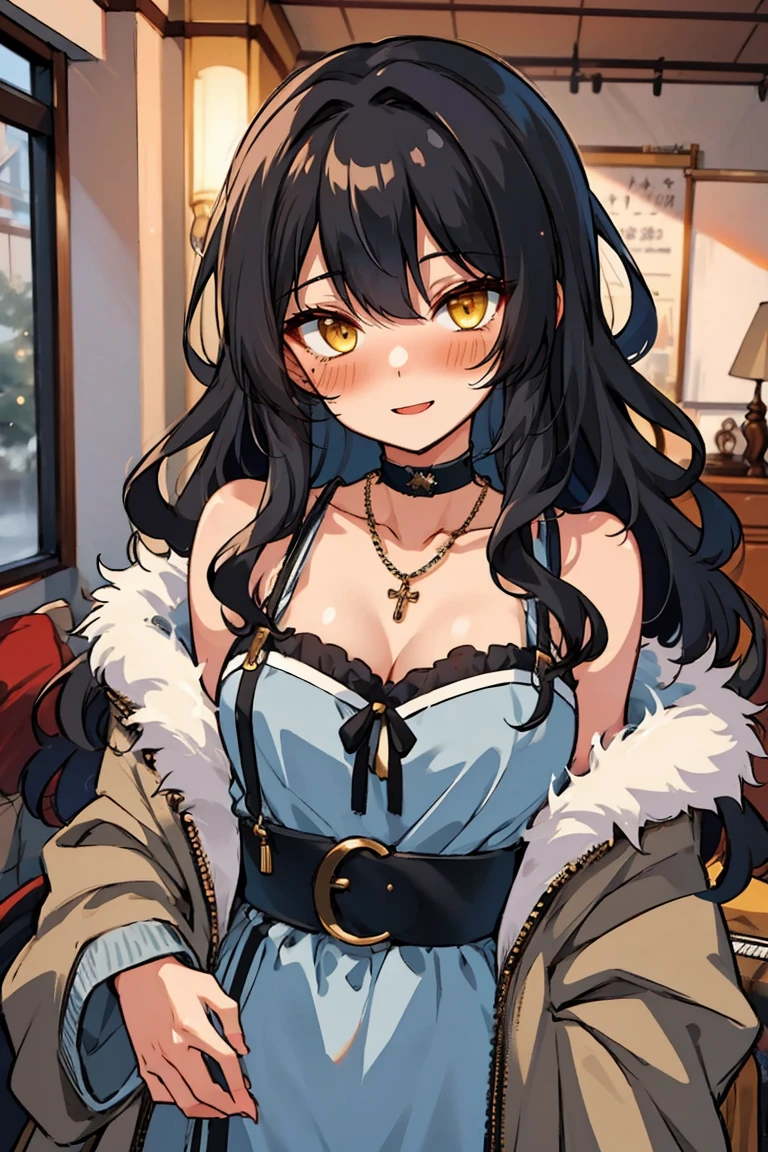 (masterpiece:1.2), (high quality:1.2), hui xiyi, rekkyo sensen, rekkyou sensen, solo focus, girls with((black hair, bare shoulders, (long wavy hair, one side up:1.4), hand up, waving, palm, breasts,choker, cleavage,coat,collar,collarbone,cowboy shot, dress, frills, fur, fur collar, fur trim, hood down, hooded jacket, hoodie, jacket, large breasts, long hair, long sleeves, belt, suspenders, medium breasts, medium hair, necklace, open clothes, open hoodie, sleeveless, solo, winter clothes, zipper, upper body)), background with ((bedroom, room:2.0))