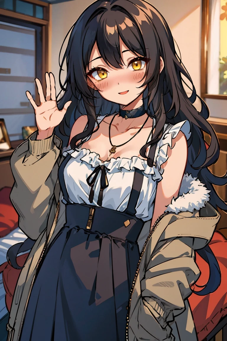 (masterpiece:1.2), (high quality:1.2), hui xiyi, rekkyo sensen, rekkyou sensen, solo focus, girls with((black hair, bare shoulders, (long wavy hair, one side up:1.4), hand up, waving, palm, breasts,choker, cleavage,coat,collar,collarbone,cowboy shot, dress, frills, fur, fur collar, fur trim, hood down, hooded jacket, hoodie, jacket, large breasts, long hair, long sleeves, belt, suspenders, medium breasts, medium hair, necklace, open clothes, open hoodie, sleeveless, solo, winter clothes, zipper, upper body)), background with ((bedroom, room:2.0))