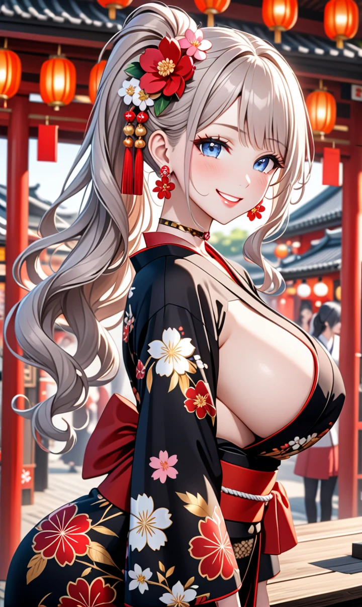 ultra-detailed, ((one girl)), (pale skin:1.4), in pastel colors gyaru, (heavy makeup), (professional lighting) hyper detailed, absurdres, 8K, Beautiful Face, (Laugh shyly), ((teasing smile:1.8)), ((Wink:1.7)), (Laugh with your mouth wide open),((Tilt your face:1.6)), View your viewers, ((Bright red cheeks:1.6)),Glossy Red Lips, ((Big Breasts:1.6)), ((undressing:1.2)), noon, Shrine festival stalls, ((Anime style background)),masterpiece, Highest quality, so beautiful,Latest, Complex details, (Pink long nails), (nail art), (ring),(bracelet), (Floral Choker),AI-generated, Complex,High resolution, Highest quality, super high quality,3D Images、3D Images,One person,Pastel silver long hair,(High Ponytail), (wavy hair:1.3), Pastel anime woman posing for a photo, ((Fine grain、blue eyes、glowing eyes:1.4)), (Squint your eyes:1.1), (one eye closed), a hyperRealistic , hyperRealistic , Realistic,Anime woman with long pastel white hair, Smooth anime CG art, A girl in a gorgeous black kimono, ((Black long-sleeved kimono)),(Large red floral pattern), Golden embroidery, (sideboob), Long flower hair ornament,Floral Earrings,japanese pouchを手に持つ,Mature Body, tall,Narrow waist, ((from side:1.2)), ((leaning forward:)), ((upper body)), ((I'm holding a fan in my hand)),
