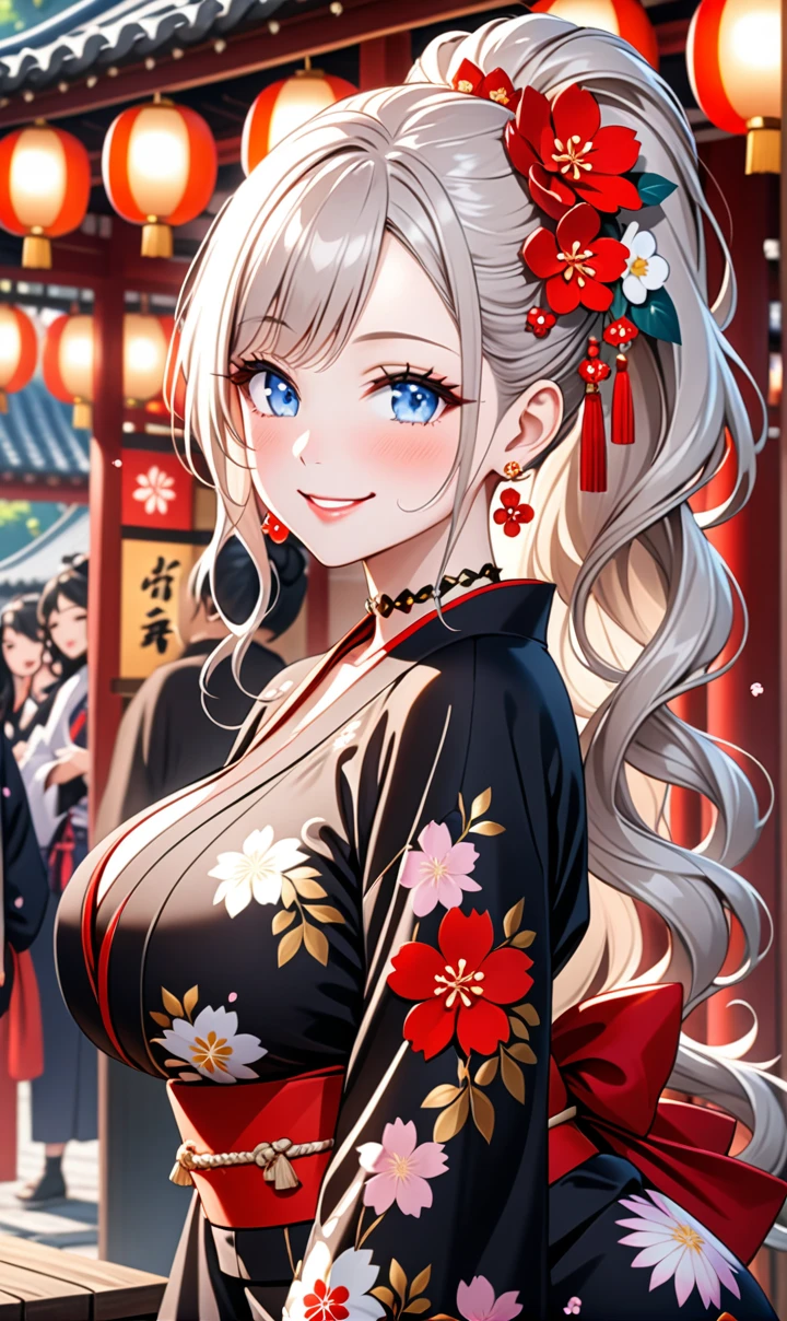 ultra-detailed, ((one girl)), (pale skin:1.4), in pastel colors gyaru, (heavy makeup), (professional lighting) hyper detailed, absurdres, 8K, Beautiful Face, (Laugh shyly), ((teasing smile:1.8)), ((Wink:1.7)), (Laugh with your mouth wide open),((Tilt your face:1.6)), View your viewers, ((Bright red cheeks:1.6)),Glossy Red Lips, ((Big Breasts:1.6)), ((undressing:1.2)), noon, Shrine festival stalls, ((Anime style background)),masterpiece, Highest quality, so beautiful,Latest, Complex details, (Pink long nails), (nail art), (ring),(bracelet), (Floral Choker),AI-generated, Complex,High resolution, Highest quality, super high quality,3D Images、3D Images,One person,Pastel silver long hair,(High Ponytail), (wavy hair:1.3), Pastel anime woman posing for a photo, ((Fine grain、blue eyes、glowing eyes:1.4)), (Squint your eyes:1.1), (one eye closed), a hyperRealistic , hyperRealistic , Realistic,Anime woman with long pastel white hair, Smooth anime CG art, A girl in a gorgeous black kimono, ((Black long-sleeved kimono)),(Large red floral pattern), Golden embroidery, (sideboob), Long flower hair ornament,Floral Earrings,japanese pouchを手に持つ,Mature Body, tall,Narrow waist, ((from side:1.2)), ((leaning forward:)), ((upper body)), ((I'm holding a fan in my hand)),