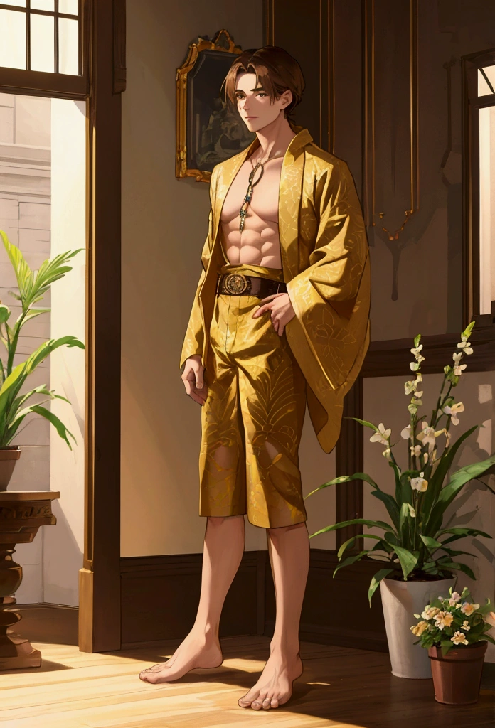 tmasterpiece,Best quality at best,full-body view,1 boy,Young person,Tall and well-proportioned,musculous,Naked all over the body,Seated,Handsome,Elaborate Eyes,Complicated details,shorts,disheveled brown hair,medium lenght hair,The background is in the house,Intricate patterns,Best light and shadow,a plant,Mottled sunlight,In the daytime,depth of fields,summer,artistically,Colorful,ssmile,closing the mouth
