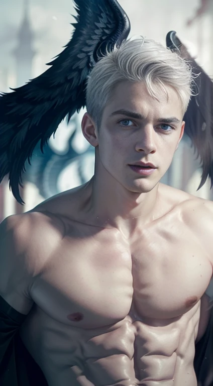 (8K, RAW photo, Highest quality), (full-body shot:1.5), (blue eyes:1.6), (18 years old:1.5), (white pale skin:1.6), (short hair:1.7), (silver hair:1.3), (wavy hair:1.3), (evil black angel wings:1.9), (black cloak:1.6), (evil presence:1.5) (horror:1.6), Realistic, (((1 perfect penis:1.3))), 1 amazing penis, (((1 nice penis:1.2))), 1 beautiful penis, 1 great penis, 1 male penis, male scrotum, perfect scrotum, male structure, male genitalia, handsome man,frontage, Intricate details, Extremely detailed eyes and eyelashes, Muscular male, Manly, masculine, Soft lighting, Cinematic lighting, Portrait, Exposing the pectoral muscles, male model, muscular, ripped, defined body, Digital SLR, hyper qualit, Fujifilm XT3, Crystal clear, 8K UHD, High detail, Ultra photo realsisim, haar, ((Realistic skin), ((pores)), ((high detail skin)), volumettic light, groin, far, complex 3D visualization, high detail, 1 handsome young man (nsfw) looking at the viewer (Pureerosface_V 1:0.6), pure, genuine human skin , (bare chest), muscles, vivid details, hyperrealistic, beautiful background, octane rendering, best quality, masterpiece, extremely detailed, computer graphics, unity, wallpapers (realistic, photorealistic: 1.37), (((anatomically correct:1.4))), stunning, fine details, masterpiece, best quality, official art, extremely detailed CG unity 8k wallpapers, (((Full Body))), ((Correct body structure)), (((Correct dissection))), (((Depth of field:1.5))),