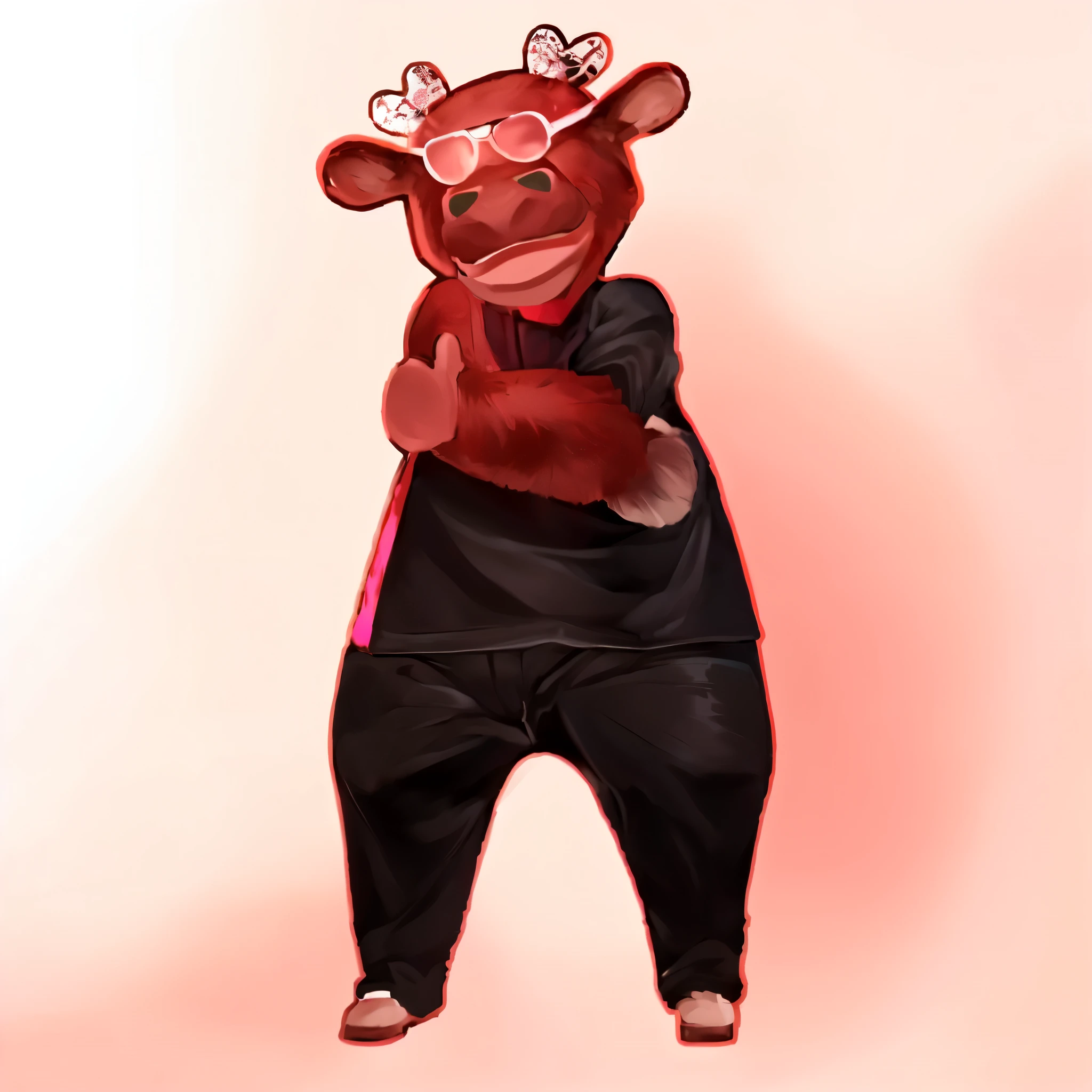 Just Dance,ox bear in a pink jacket and black pants with a pink jacket, ox ox ox, ox, Inspired by Zhu Da, cute ox, a cute giant ox, dancing character, He's dancing, kung fu ox, inspired by Luo Ping, No gradient, Wooden plates, pan ren wei, pat, Black person