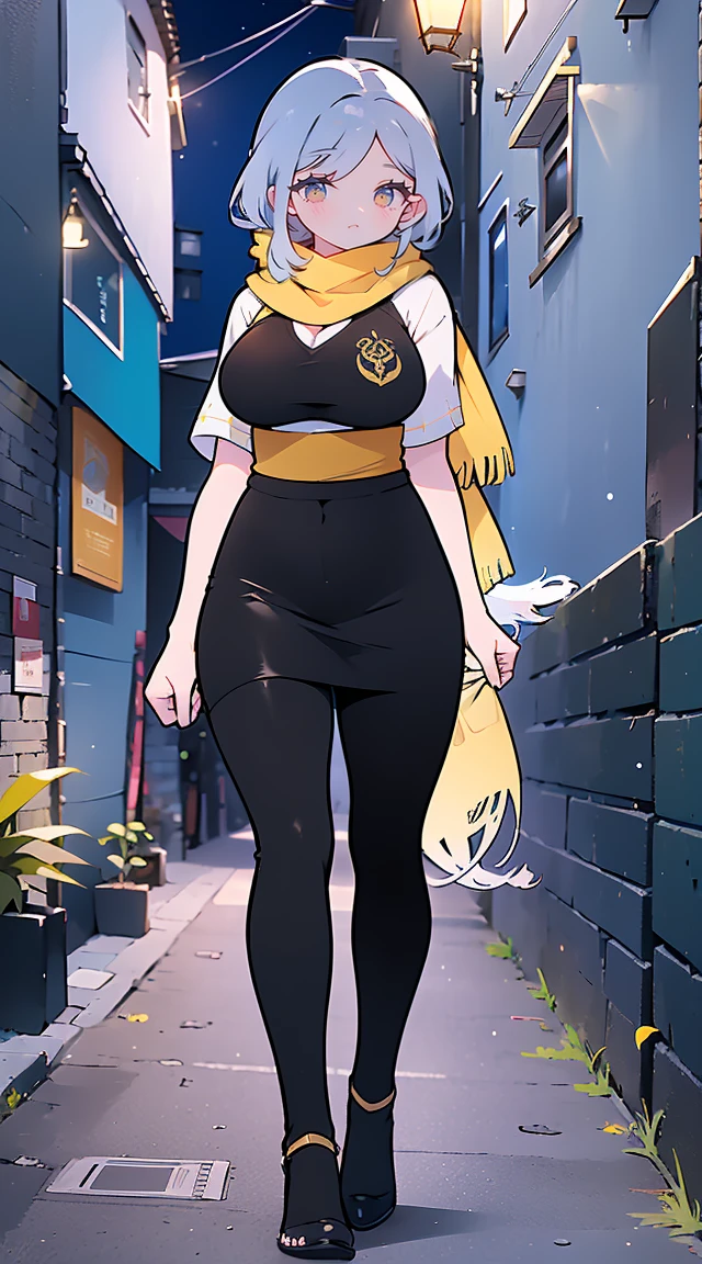 1 garota,20s,mulher madura,cabelo longo, cabelo branco,cabelo encaracolado,olhos amarelos,(cara de bravo), medium breasts,mostrar barriga,decote,chifres,orelhas de elfo,((yellow scarf)),(((walking in an alley of a city at noite,noite))),tiro de vaqueiro,de frente,(camiseta preta,black pencil skirt,Black leather pants),