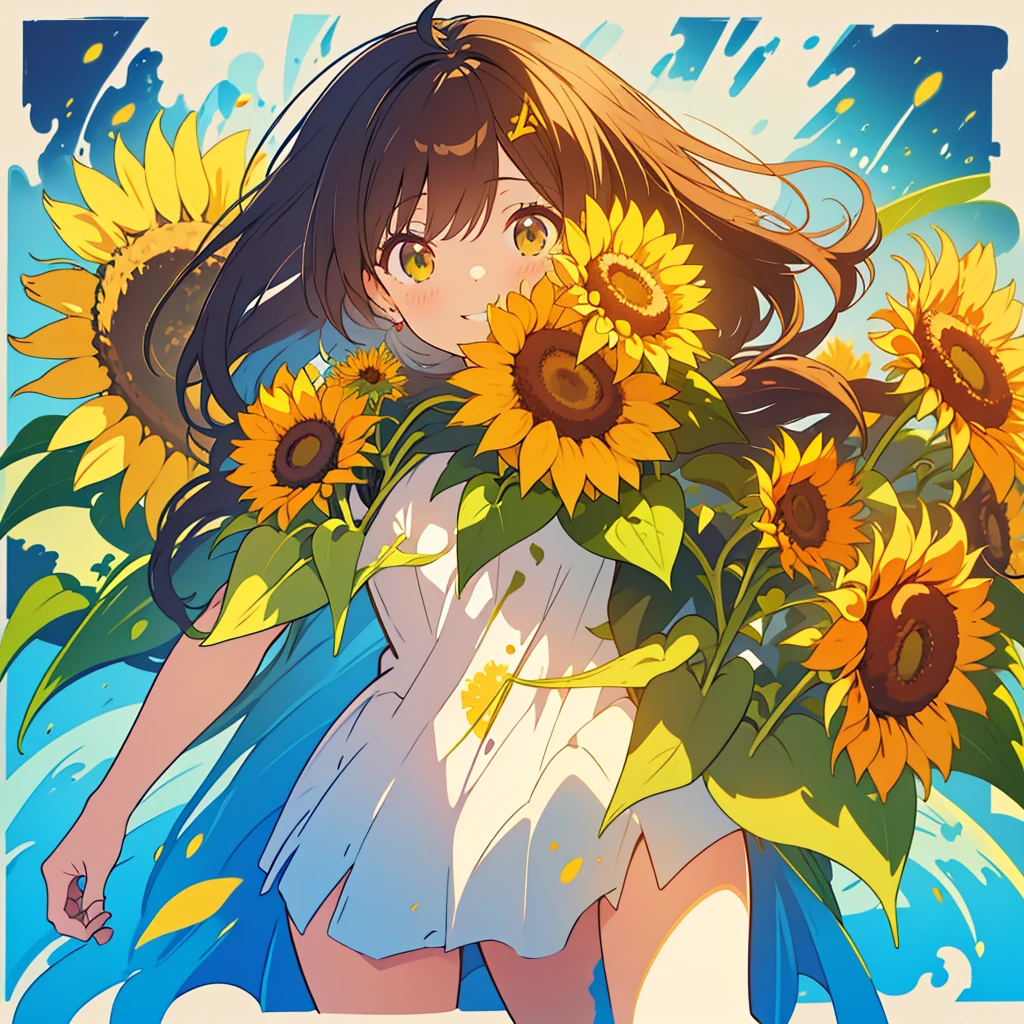 kawaii, anime, Cute, hyper quality, highly detailed, 16k, Front facing, Clarity, full body, one twenty year old woman, stain the whole thing with colorful ink, long brown hair, green eyes, paint color, countless sunflowers, surrounded by sunflowers, Trapped inside a Van Gogh painting, ephemeral, paint, paint, hold the brush, live inside the canvas, art supplies, oil, wonder, twist, rainbow colored sunflowers, Richly colored, Brightly colored sunflowers, highlight on eyes, smile, splattered ink, scribble, countless handwritings, color palette, ink splash, long hair flowing, Draw eyes clearly, art, canvas stained with ink, 	
