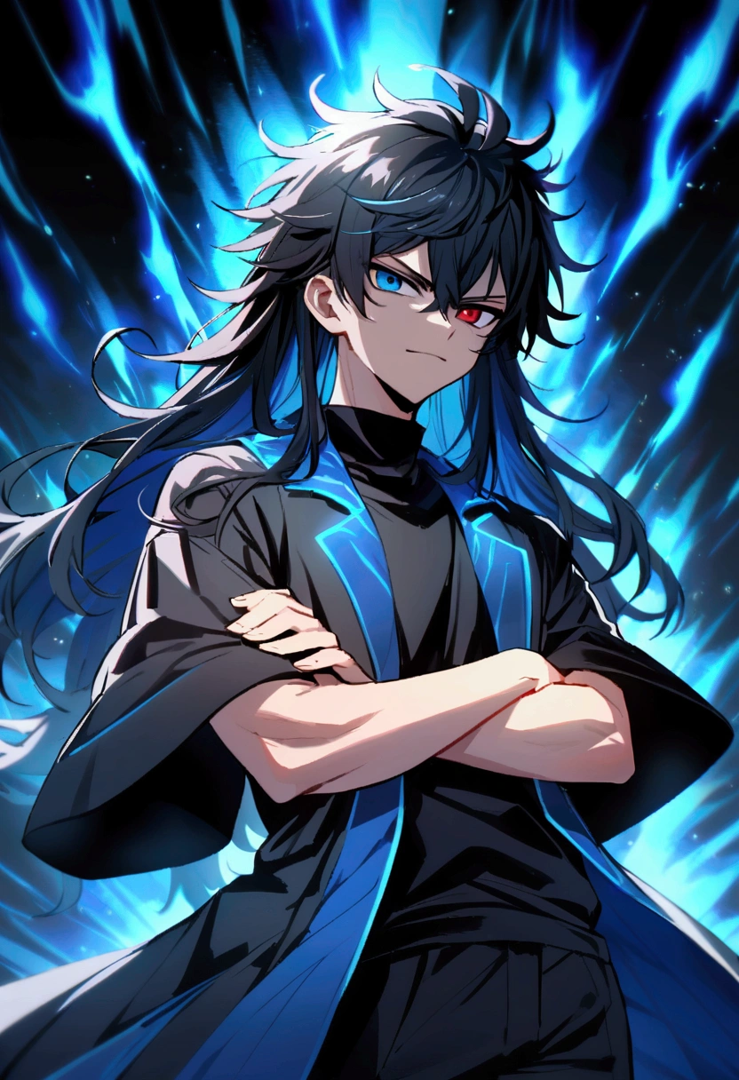 boy, Messy hair, long hair, multicolored blue and black hair, crossed arms, blue and black eyes, heterochromia, Simple smile, serious face, black jersey, dark blue detailed and wide short-sleeved overcoat, detailed black pants, electric aura around the character,