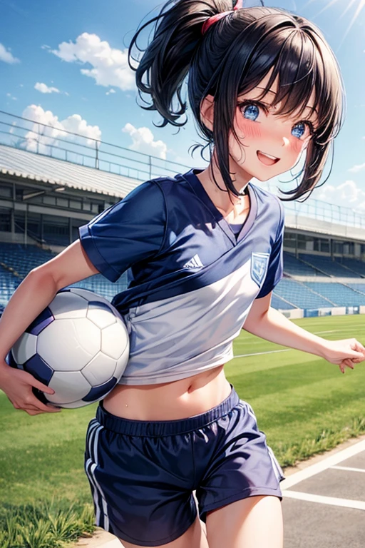 1 high school girl,hair_Navy Blue,short hair,ponytail,Blue Eyes,Blue sportswear,Mouth wide open,A very happy smile,Happy look,Cheerful expression,Sweat on the forehead,School grounds,grass,Soccer Wear,Shorts,blush,Kicking a soccer ball,Small ,,cute,,flat chest
