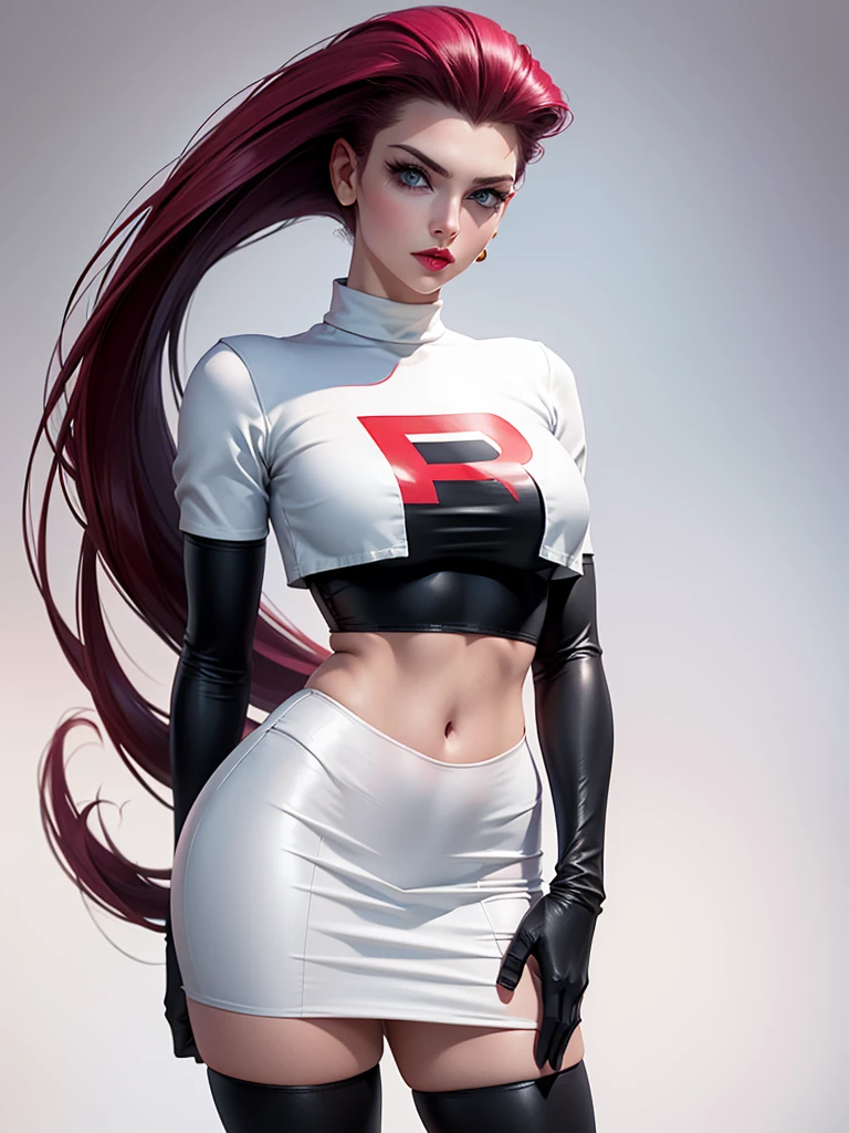 gorgeous girl in sexy standing, ((hair slicked back, long hair,)), large blue eyes, red lip gloss, perfect body, team rocket ,team rocket uniform ,white skirt,crop top,thighhighs,elbow gloves, masterpiece, highres, ((plain background:1.3))