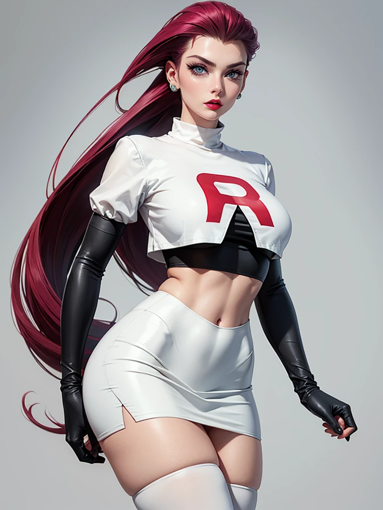 beautiful girl in sexy foot, ((slicked back hair, by the wide,)), big blue eyes, red lip gloss, perfect body, Team Rocket ,Team Rocket uniform ,White skirt,crop top,thighs,elbow gloves, masterpiece, High resolution, ((plain background:1.3))