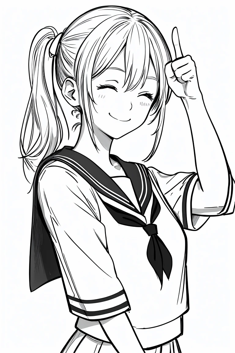 masterpiece,, One girl, alone, short, White Background, Monochrome, Line art, ((sketch))、Facing forward、Wearing a sailor uniform、smile、Giving thumbs up、Side ponytail hair、One eye closed、