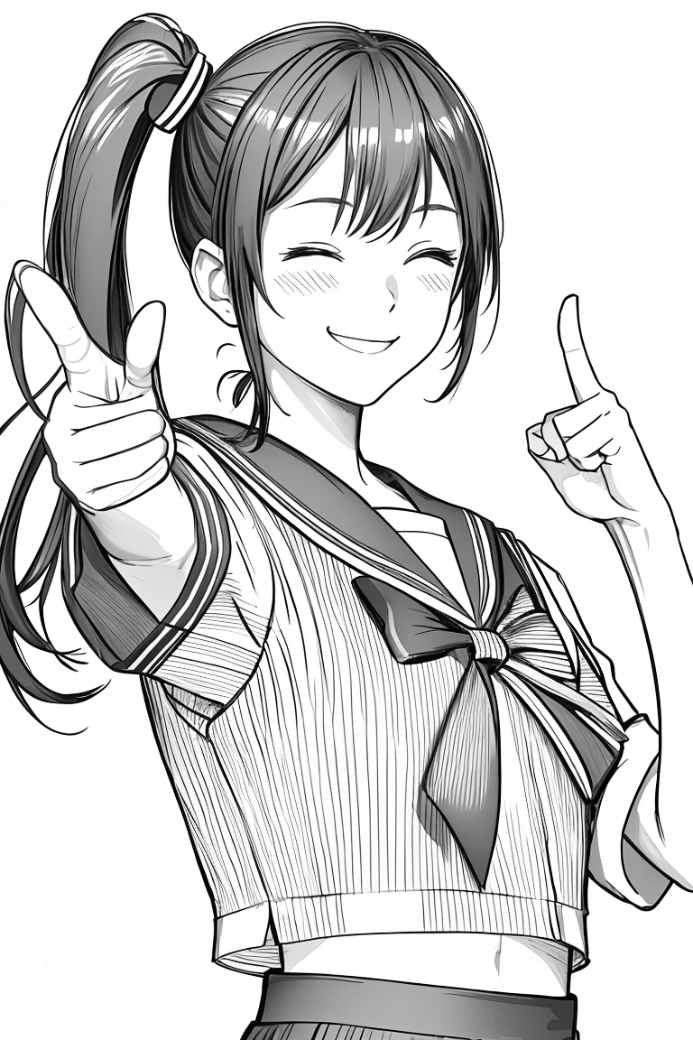 masterpiece,, One girl, alone, short, White Background, Monochrome, Line art, ((sketch))、Facing forward、Wearing a sailor uniform、smile、Giving thumbs up、Side ponytail hair、One eye closed、