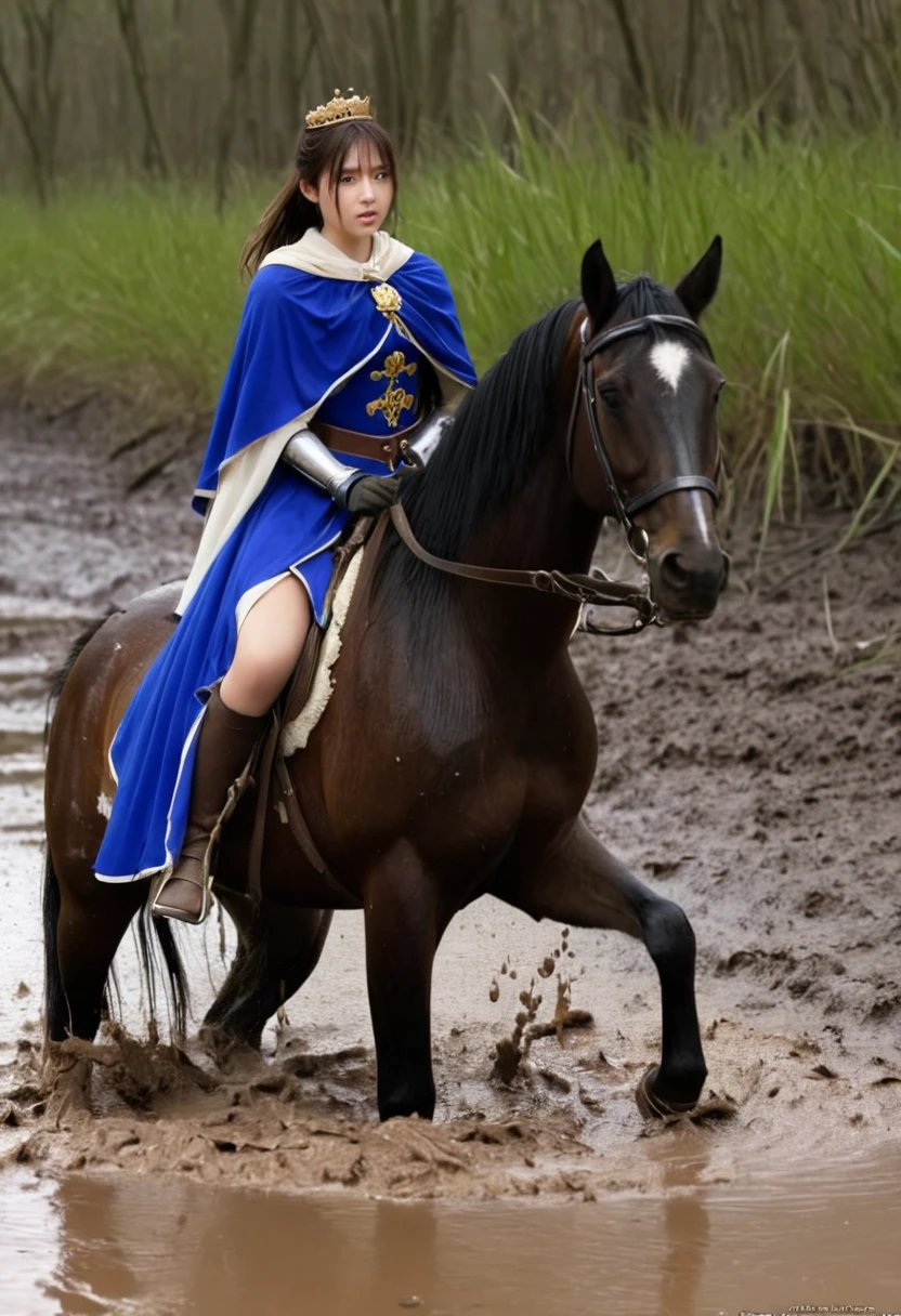 (((masterpiece))),(((Highest quality))),((Tabletop:1.4, Highest quality)), (Realな写真:1.4), in the muddy river,dirty swamp,horse ridden by girl fall over swamp,Sweaty girl,
((1 cute girl knight)),rodeo,horse standing,Surprised face,stumble,aggressive,slouch,horse standing, prancing horse in pitfall,cute,Napoléon horse sliped in pitfall,in the pitfall,Uplifting,Knight Princess,
(超High resolution:1.2),, wonderful, Very detailed CG Unity 8k wallpaper, Very detailed, High resolution,fat horse ridden by japanese girl,Double,Royal blue armor and cape,Soaking in the swamp,Mud Splash,
Soft Light, Beautiful detailed girl, Droopy eyes,Very detailedな目と顔, Beautiful and exquisite nose, Beautiful and exquisite, horse ridden by a girl can't stand up because its drowned in the sticky muddy pitfall:10.0 ,Displeased face:4.0,Real,Stir,Anatomically correct,action horse riding scene while struggle fighting