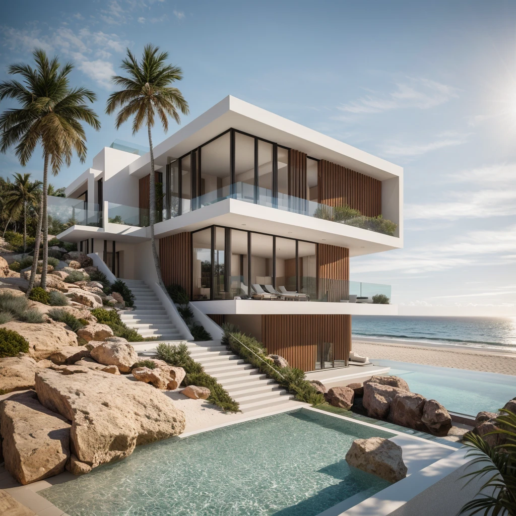 the exterior of modern villa on the beach, masterpiece, photorealistic, best quality, ultra high res, architechture shot, composite construction, piles/stacks, innovative page design,natural light,sunset environment,Vray,
RAW photo, 8k uhd, dslr, soft lighting, high quality, film grain, Fujifilm XT3
