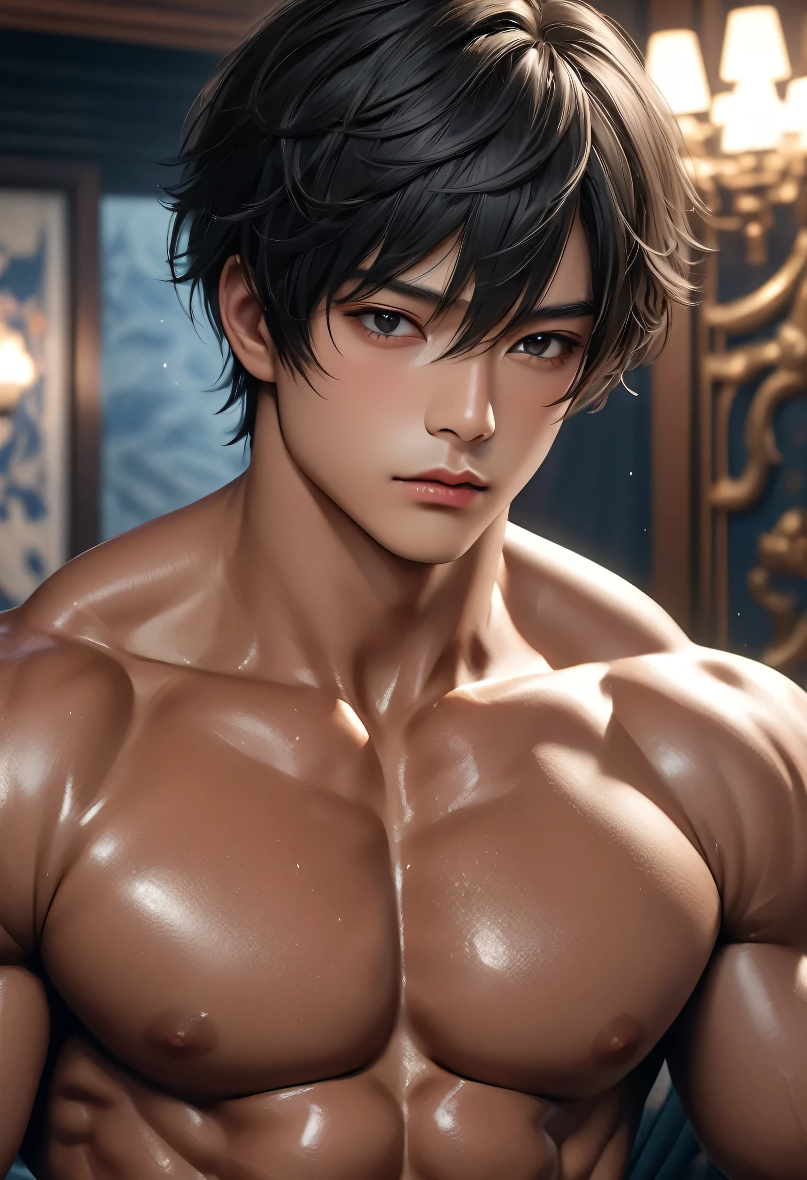 high quality, detailed, ( tanned japanese idol wrestler boy), (detailed black eyes), (black short hair), (muscle:1.5), (tanned dark shiny skin:1.4), black tiny thong, bulge,(detailed nipples),night palace bedroom, (best quality,4k,8k,highres,masterpiece:1.2), face close up,(realistic,photorealistic,photo-realistic:1.37),
