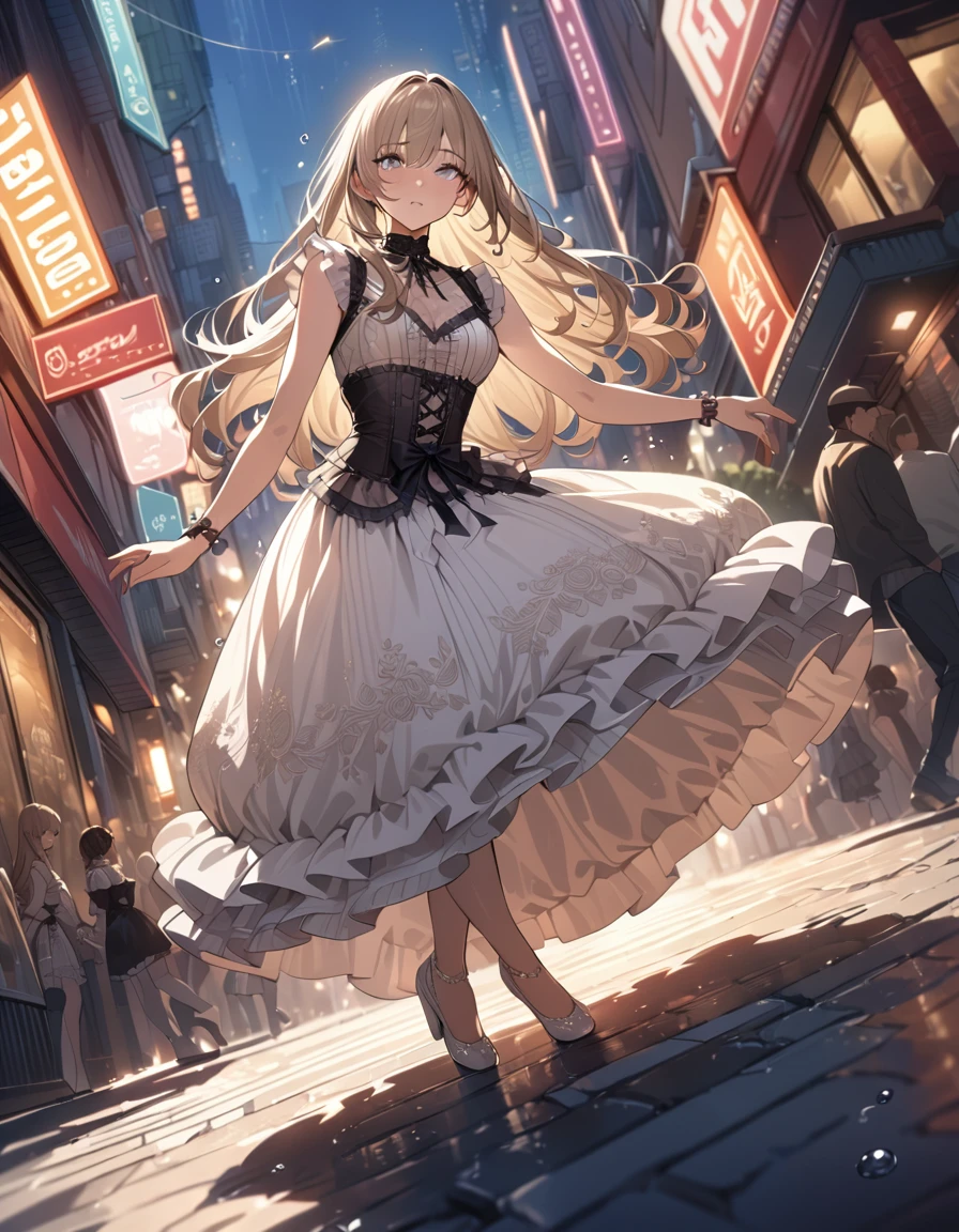 one beautifu girl breakdancing on the street,long straight gold ash hair,wearing ta fashion,(masterpiece), (best quality), (ultra-detailed), (illustration), (detailed light),(an extremely delicate and beautiful),(beautiful details eyes),city streets, city lights, water drops flying around her.natural light, wide angle shot, and high quality photo.