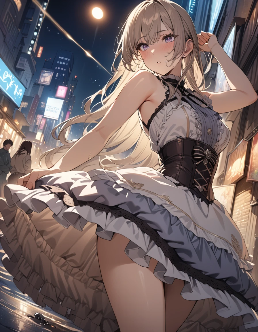 one beautifu girl breakdancing on the street,long straight gold ash hair,wearing Lolita fashion,(masterpiece), (best quality), (ultra-detailed), (illustration), (detailed light),(an extremely delicate and beautiful),(beautiful details eyes),city streets, city lights, water drops flying around her.natural light, wide angle shot, and high quality photo.