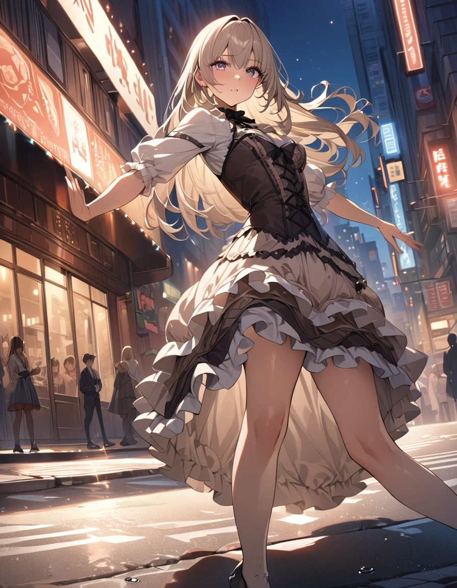 one beautifu girl breakdancing on the street,long straight gold ash hair,wearing Lolita fashion,(masterpiece), (best quality), (ultra-detailed), (illustration), (detailed light),(an extremely delicate and beautiful),(beautiful details eyes),city streets, city lights, water drops flying around her.natural light, wide angle shot, and high quality photo.