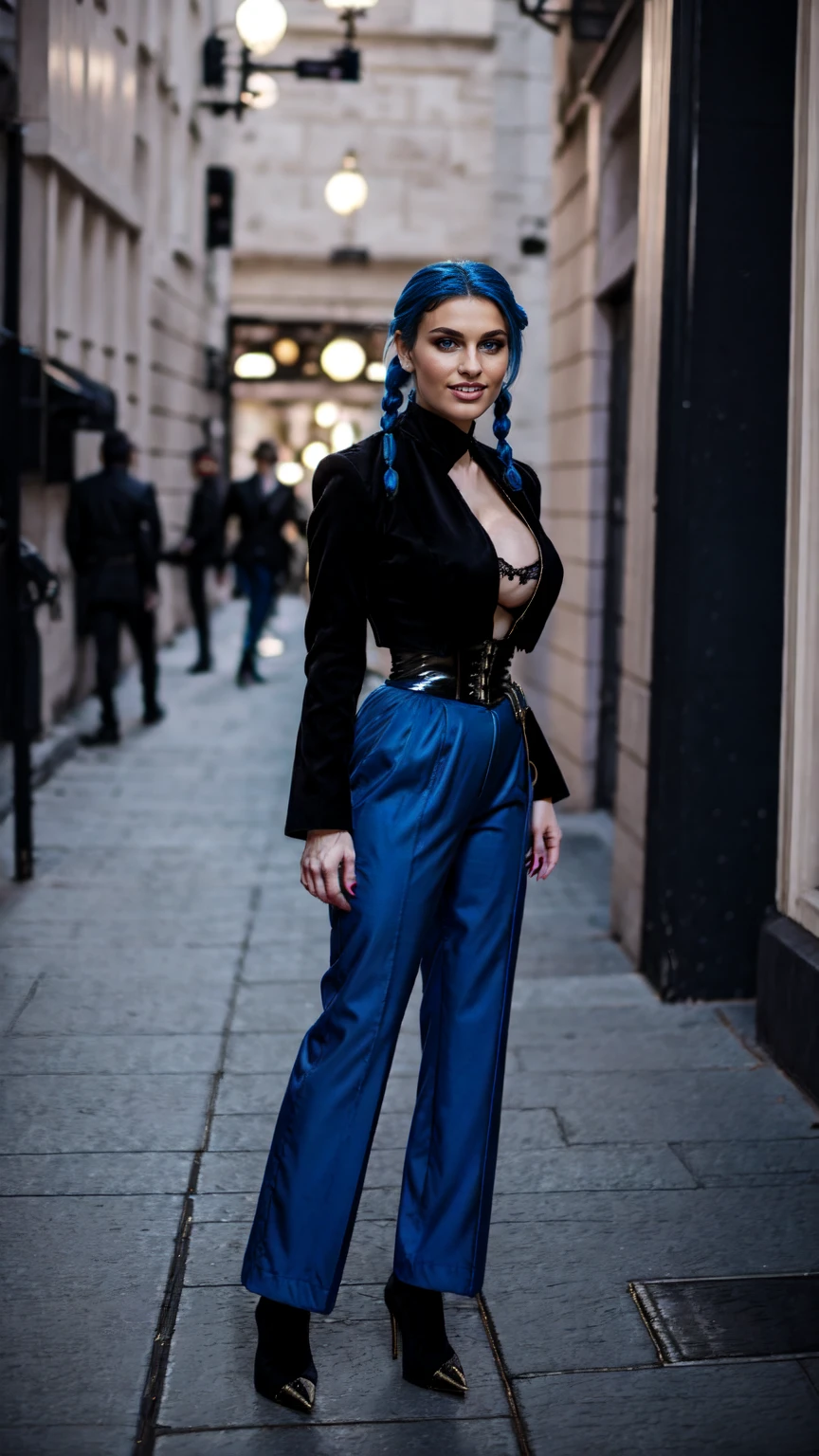 jinx, blue hair,blue long curly ponytail, blue leahter corset, black jacket, big naked breast, purpble tight leahter Trousers, purple belt, black long high heels boots,standing in a City for a photoshooting