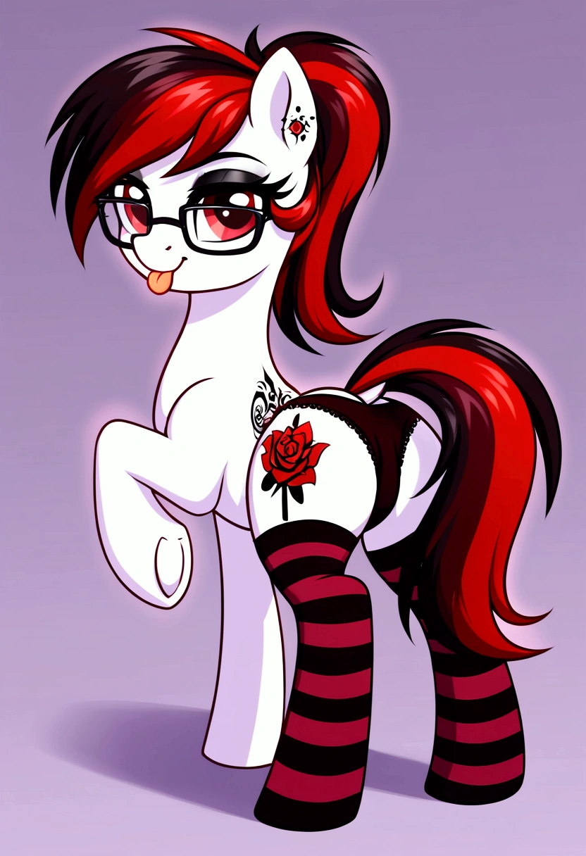 radiant lighting, vibrant colors, whimsical atmosphere, 8K, high resolution, highly detailed, masterpiece, (((my little pony))), four stockings, (red hair, white body, red eyes) cute face, tongue out, striped stockings, standing on four hooves, cool glasses, showing butt, ((a lot of tattoo on body:1.3)), goth style, ((sexy panties))