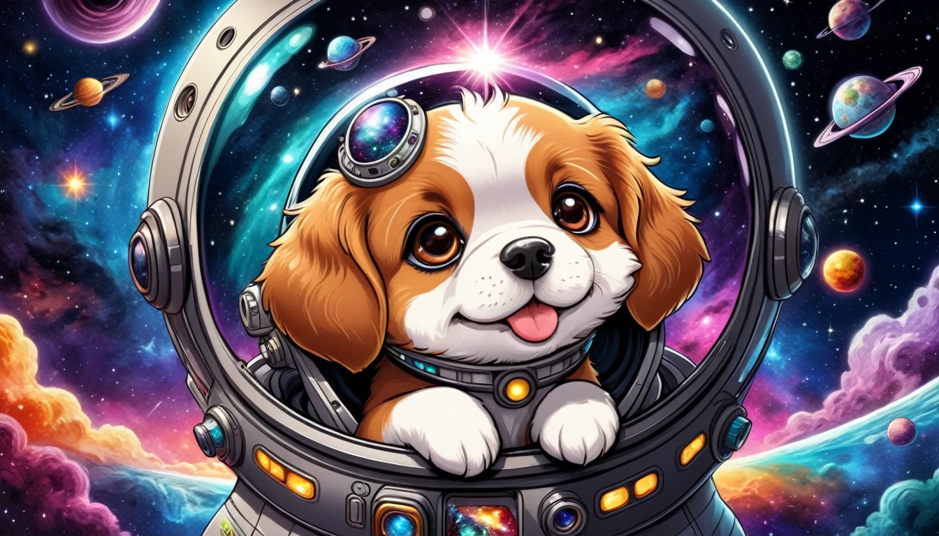 (Cute cartoon style:1.3), (((Close-up of a dog on a spaceship))), ((Open your head)), Magnificent cosmic landscapes, Black Hole, ((Shining Star)), Intricate Design, Bright colors, Masterpieces with up to 16K resolution, Highest quality, Super detailed, aesthetics, Absurd.