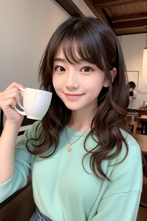 Produce the highest quality and highest resolution 8K images。Please draw the upper body of a 20 year old Japanese woman.。Please draw an image of someone relaxing while drinking tea in a stylish coffee shop.。She has brown eyes and a model-like figure、She has an idol-level cute face.。Hair、I have curly hair.。she、I'm smiling at the camera。