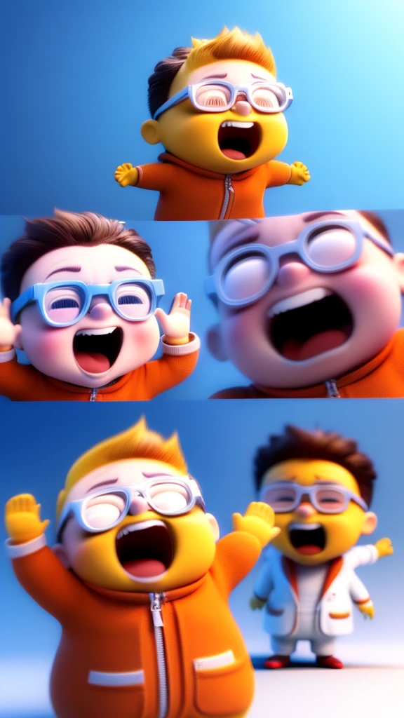 a cartoon boy with glasses and a white coat is screaming on a blue background 3d illustration royalty illustration, excited expression, 3 d cartoon, animation character, cute cartoon character, laughing hysterically, laughing, some are crying of joy, he is screaming, 3d animated, 3 d animated, cute 3 d render, he is very happy, accurate depiction, excited
