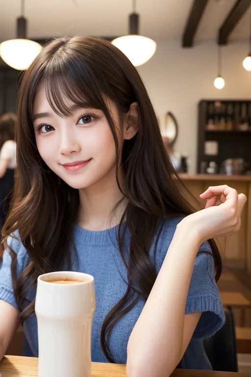 Produce the highest quality and highest resolution 8K images。Please draw the upper body of a 20 year old Japanese woman.。Please draw an image of someone relaxing while drinking tea in a stylish coffee shop.。She has brown eyes and a model-like figure、She has an idol-level cute face.。Hair、I have curly hair.。she、I'm smiling at the camera。