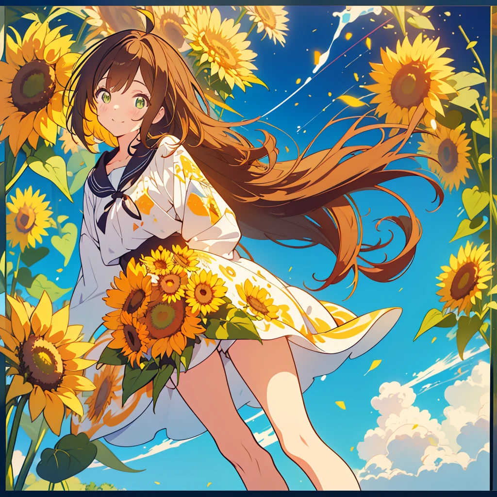 kawaii, anime, Cute, hyper quality, highly detailed, 16k, Front facing, Clarity, full body, one twenty year old woman, stain the whole thing with colorful ink, long brown hair, green eyes, paint color, countless sunflowers, surrounded by sunflowers, Trapped inside a Van Gogh painting, ephemeral, paint, paint, hold the brush, live inside the canvas, art supplies, oil, wonder, twist, rainbow colored sunflowers, Richly colored, Brightly colored sunflowers, highlight on eyes, smile, splattered ink, scribble, countless handwritings, color palette, ink splash, long hair flowing, Draw eyes clearly, art, canvas stained with ink, 	
