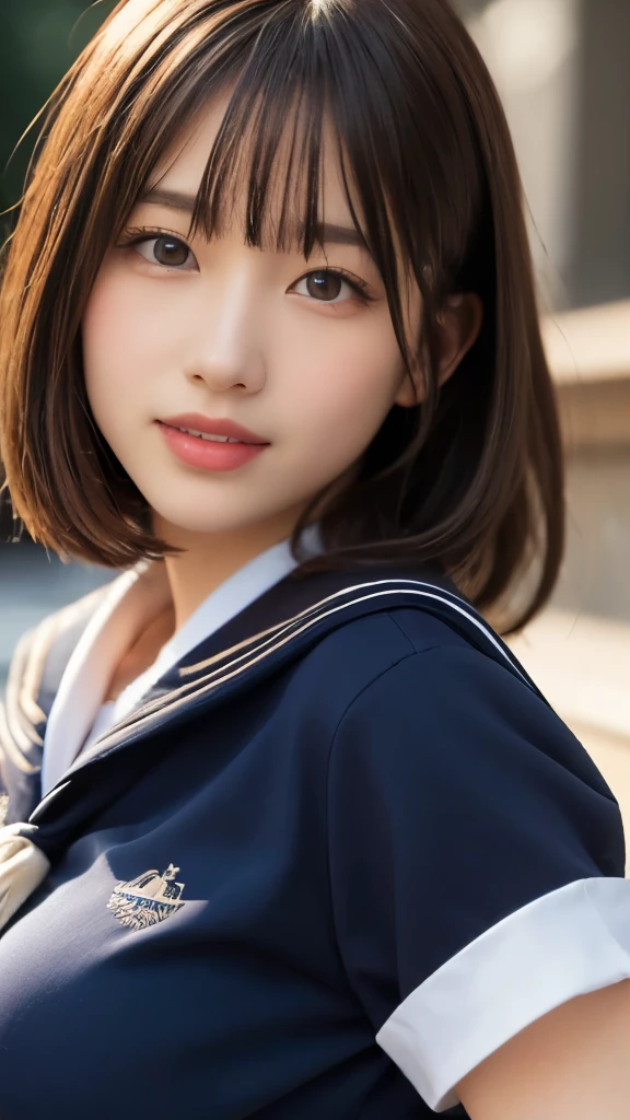 8K,Highest quality,(masterpiece:1.2),(Realistic),(Realistic:1.37),Ultra-high resolution,One high school girl,smile,((Big Breasts)),Beautiful Eyes,(((School uniform,Sailor suit))),Perfect body,Perfect Fingers,Professional Lighting,gravure,Detailed face and skin texture,fine grain,RAW Photos