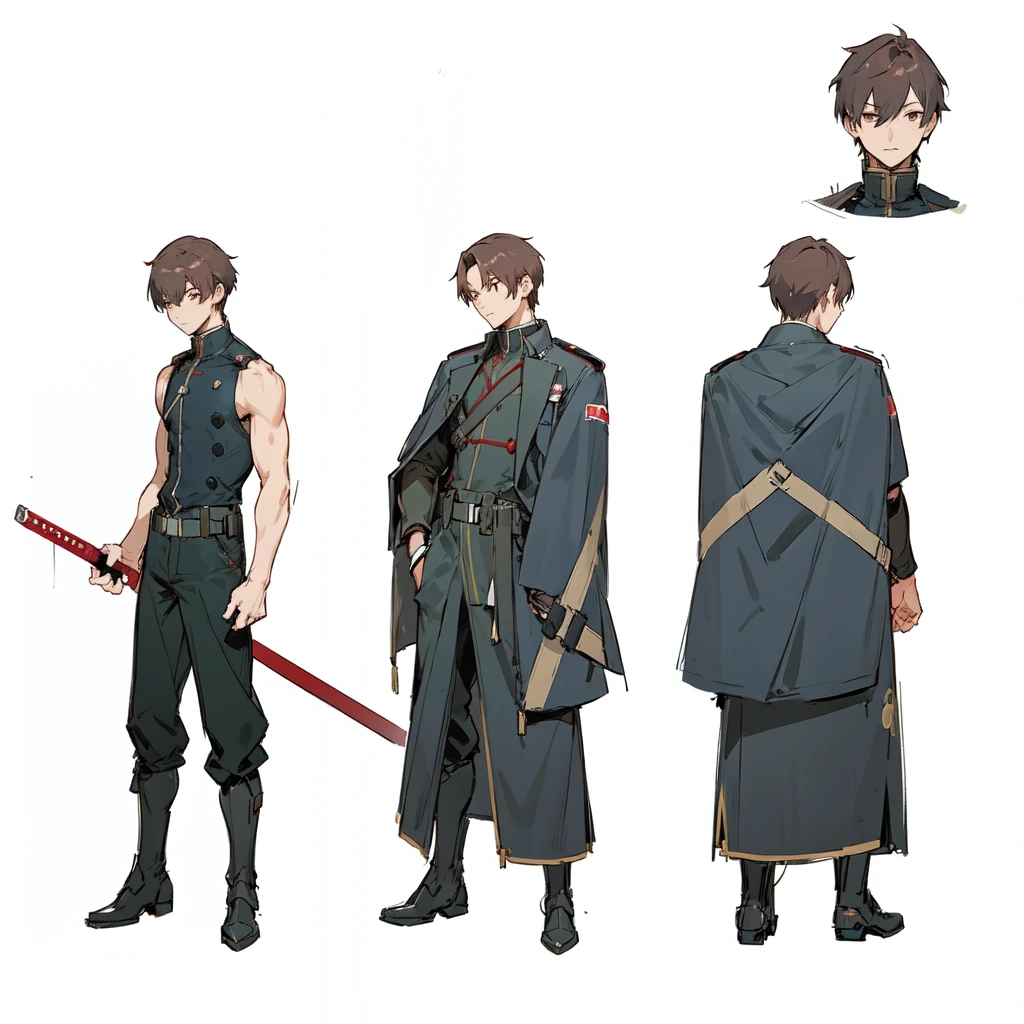[ anime boy with brown hair and brown eyes wearing a black german military uniform ], sci fi soldier uniform, cyberpunk helmet, (((anime character sheet))), crimsom korean sword, (character design, gravity rush inspired, kantai collection style, inspired by Akihiko Yoshida, gravity rush, from girls frontline, girls frontline style, fate grand order, akihiko yoshida!, no more heroes concept art,