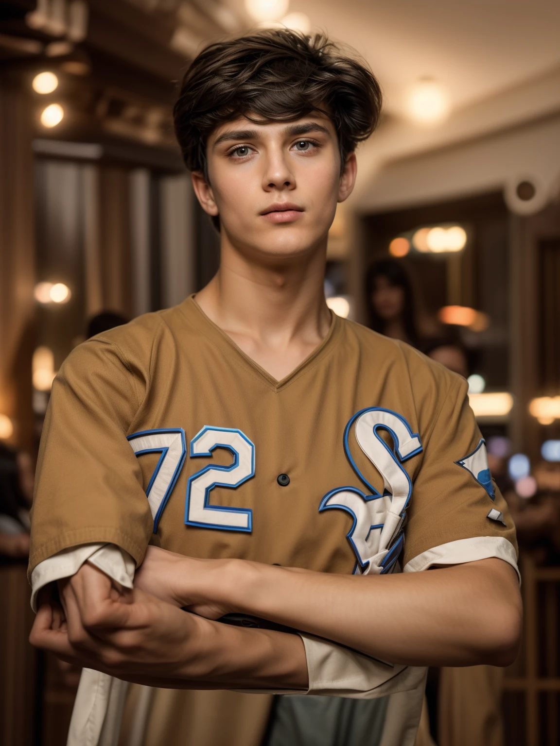 A cute, beautiful male twink with black hair and a face with makeup. He is wearing a white long-sleeved shirt and brown pants. He is in the Historical Antiquities Museum and looks in amazement.