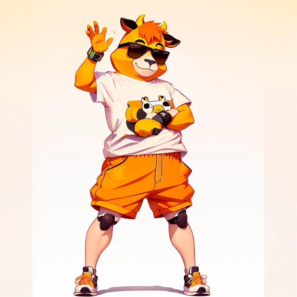 Wear a shirt、Wearing sunglasses、cartoon cow with arms crossed cartoon cow with arms crossed cartoon cow with arms crossed, Full body mascot, ( cow wearing sunglasses, dancing character, Created using Adobe Illustrator, Teddy Fresh, Orange body, Created using Adobe Illustrator, Cartoon shading:15, Official Art, Merge roles, an anthropomorphic deer, Official illustrations, Full body clothing, posture