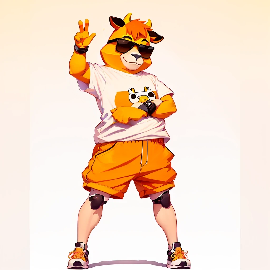 Wear a shirt、Wearing sunglasses、cartoon cow with arms crossed cartoon cow with arms crossed cartoon cow with arms crossed, Full body mascot, ( cow wearing sunglasses, dancing character, Created using Adobe Illustrator, Teddy Fresh, Orange body, Created using Adobe Illustrator, Cartoon shading:15, Official Art, Merge roles, an anthropomorphic deer, Official illustrations, Full body clothing,  posture