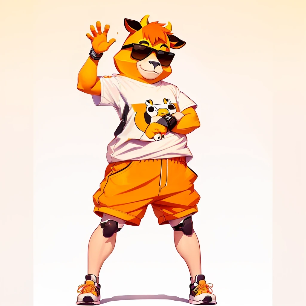 Wear a shirt、Wearing sunglasses、cartoon cow with arms crossed cartoon cow with arms crossed cartoon cow with arms crossed, Full body mascot, ( cow wearing sunglasses, dancing character, Created using Adobe Illustrator, Teddy Fresh, Orange body, Created using Adobe Illustrator, Cartoon shading:15, Official Art, Merge roles, an anthropomorphic deer, Official illustrations, Full body clothing,  posture